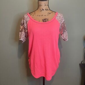 Bibi Women Leopard Sequins Y2K Retro Festival Stretch‎ Knit Top Neon Pink Small